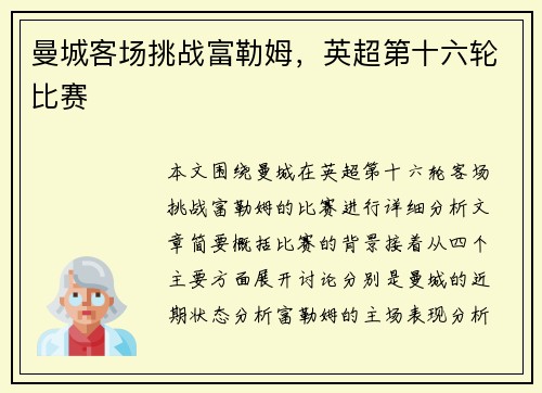 曼城客场挑战富勒姆，英超第十六轮比赛