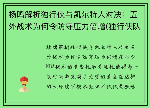 杨鸣解析独行侠与凯尔特人对决：五外战术为何令防守压力倍增(独行侠队主教练卡莱尔)