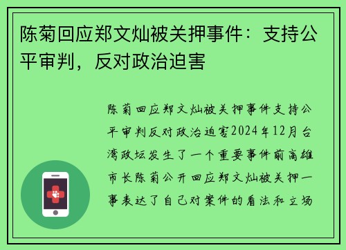 陈菊回应郑文灿被关押事件：支持公平审判，反对政治迫害